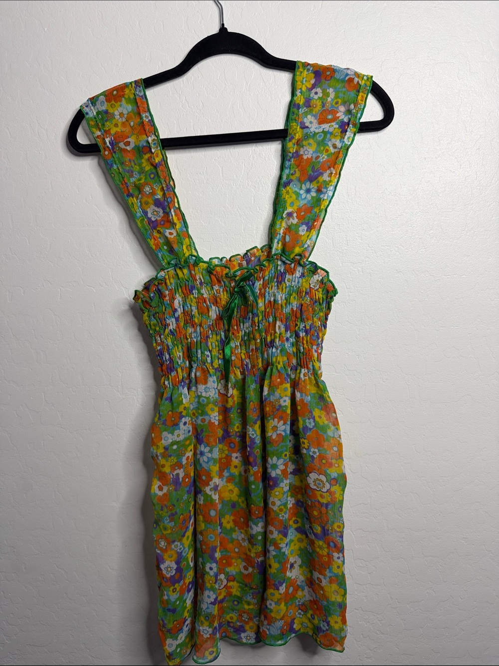 Floral Smocked Sheer Dress in Green and Orange